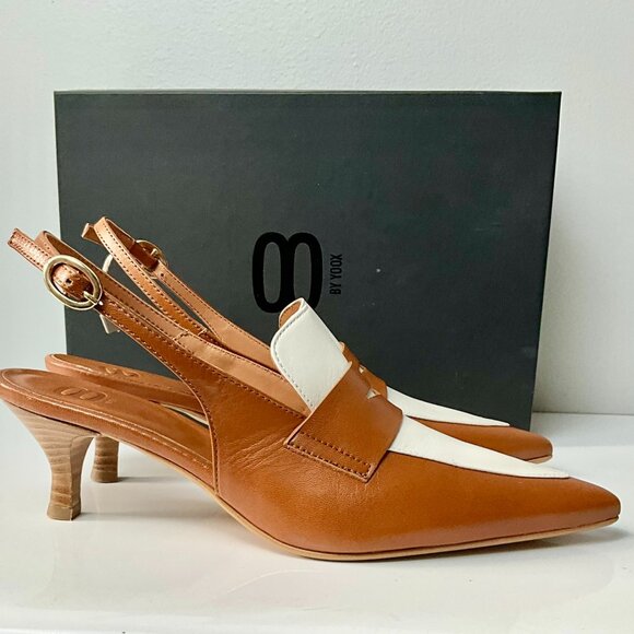 8 by Yoox Two-Tone Leather Slingback Pumps- Brown & White - EU 38-Made in Italy - Picture 2 of 10